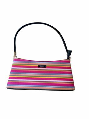 Y2K striped colorful nylon shoulder mini bag with zipper closure, 10"x5"x2.5"